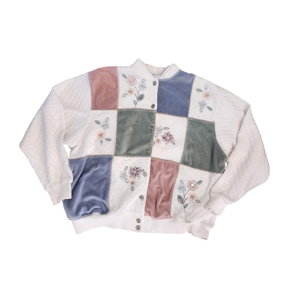 Alfred Dunner Patchwork Jacket Womens PL White Quilted Velour Floral Embroidered